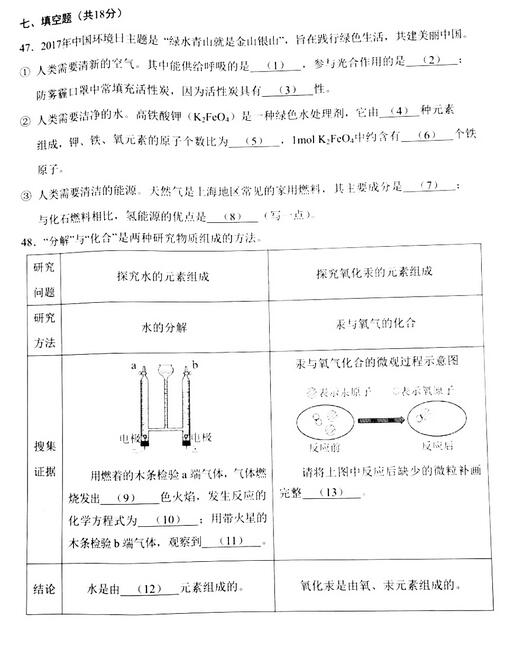 2018上海浦东新区初三一模化学试题及答案