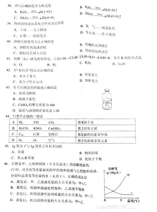 2018上海浦东新区初三一模化学试题及答案