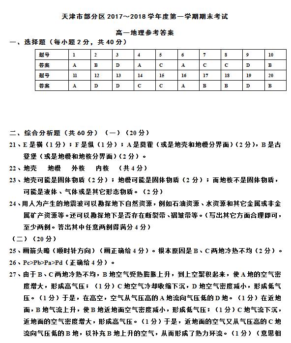 2017-2018年天津部分区高一期末地理试题及答案