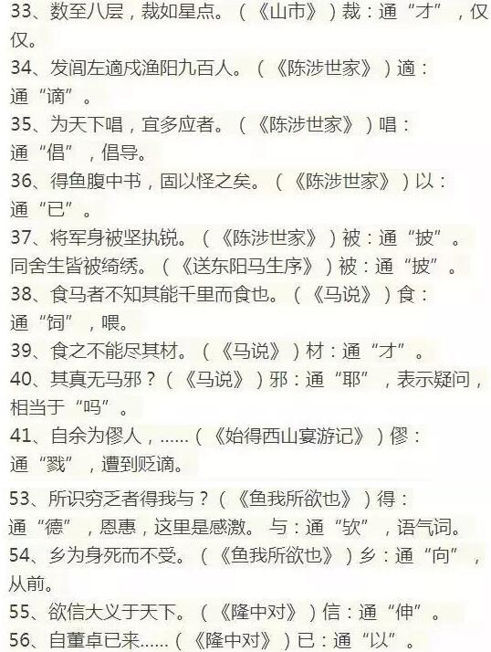 初中语文1-6册文言文知识点归纳：通假字