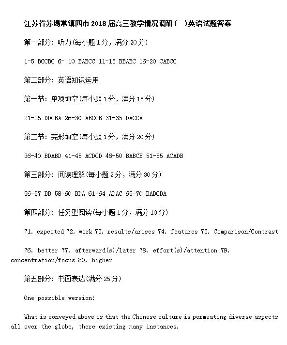 2018江苏苏锡常镇四市高三一模英语试题及答案