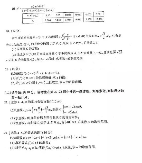 2018河南普通高中毕业班高考适应性测试文科数学试题及答案