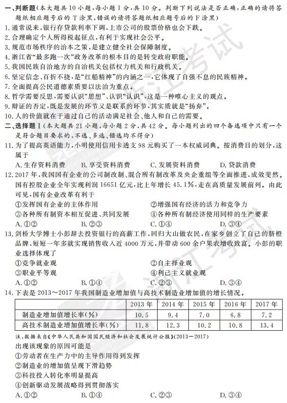 2018年4月浙江高考学考选考政治试题及答案
