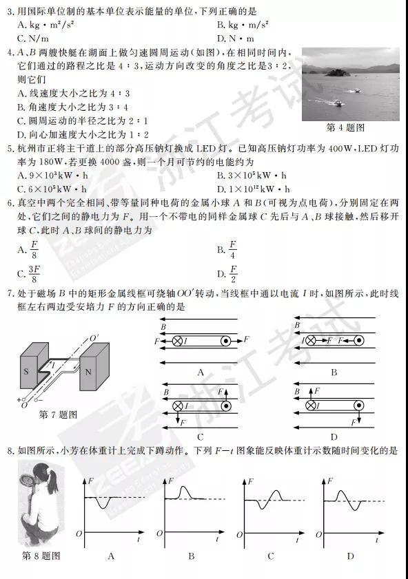2018年4月浙江高考学考选考物理试题及答案