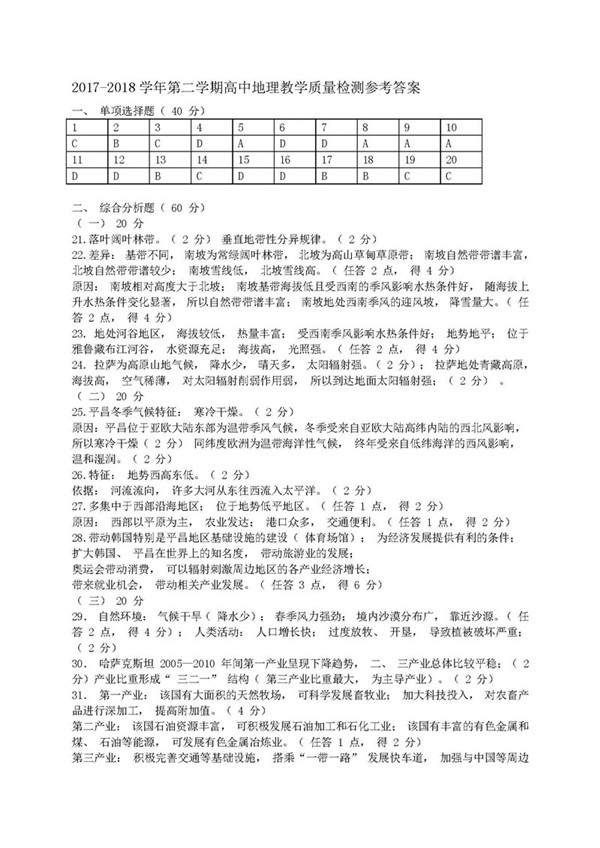 2018上海宝山区高三二模地理试题及答案