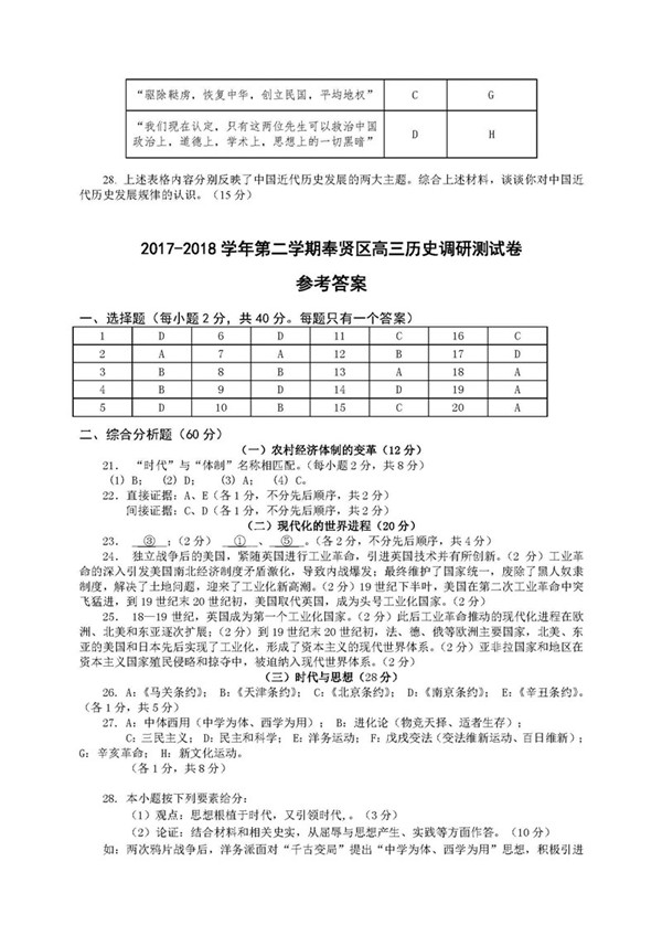 2018上海奉贤区高三二模历史试题及答案