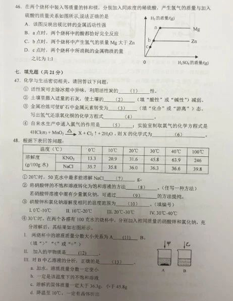 上海松江区2018年中考化学二模试题及答案