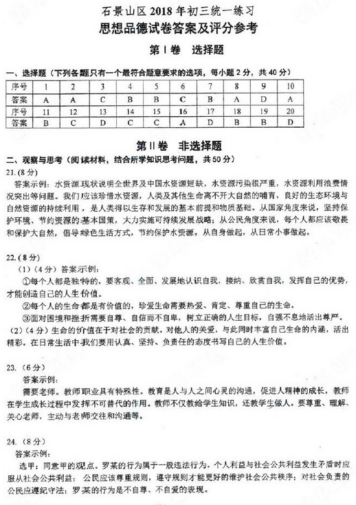 北京石景山区2018中考思想品德一模试题及答案 北京石景山区2018中考思想品德一模试题及答案