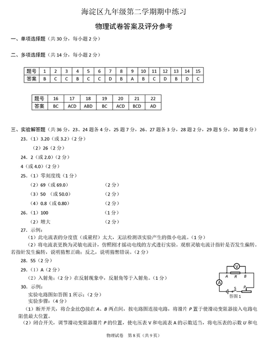 北京海淀区2018中考物理一模试题及答案