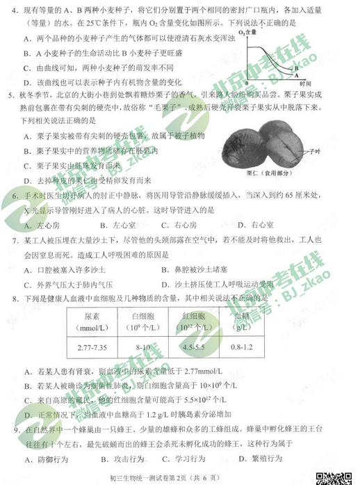 北京石景山区2018中考生物一模试题及答案