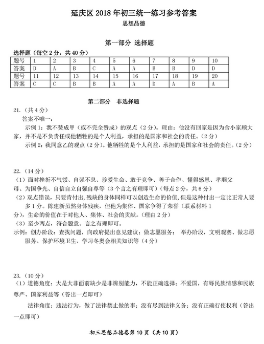北京延庆区2018中考政治一模试题及答案