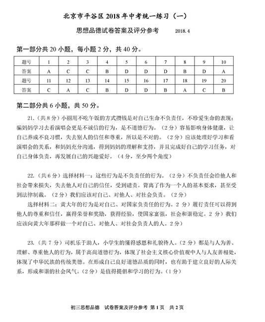 北京平谷区2018中考政治一模试题及答案