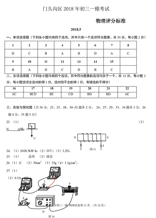 北京门头沟区2018中考物理一模试题及答案