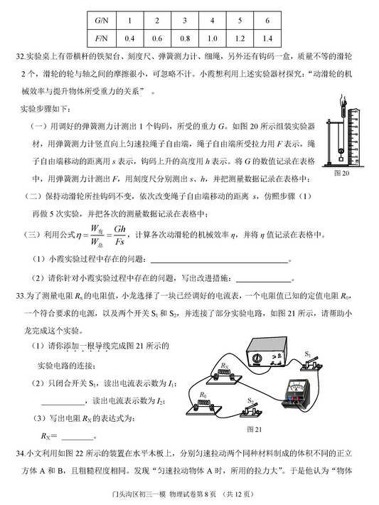 北京门头沟区2018中考物理一模试题及答案