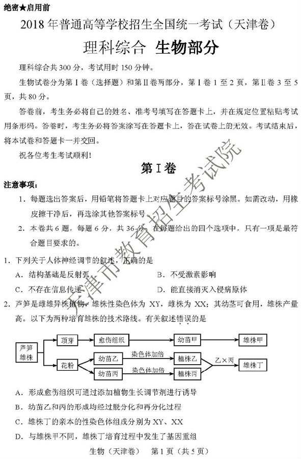 官方版：2018天津高考理科综合试题及答案公布