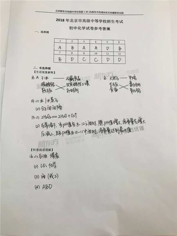 北京中考化学答案