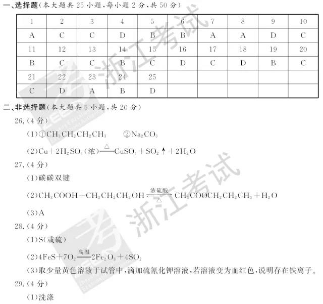 2018年6月浙江高考学考选考化学试题和答案