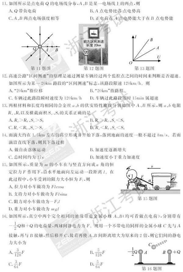 2018年6月浙江高考学考选考物理试题和答案