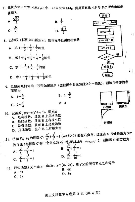2019唐山高三摸底考试理科数学试题及答案