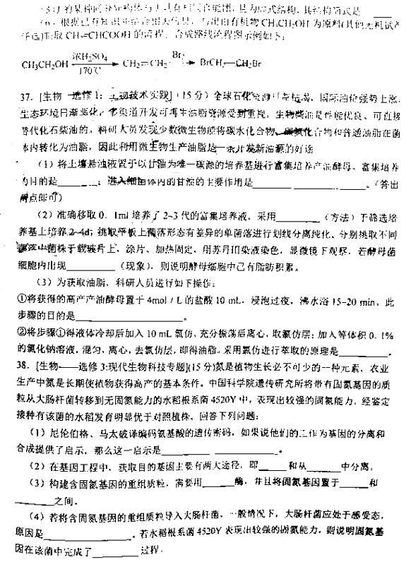 2019唐山高三摸底考试理综试题及答案