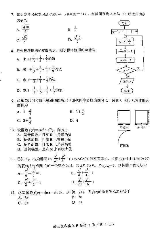 2019唐山高三摸底考试文科数学试题及答案