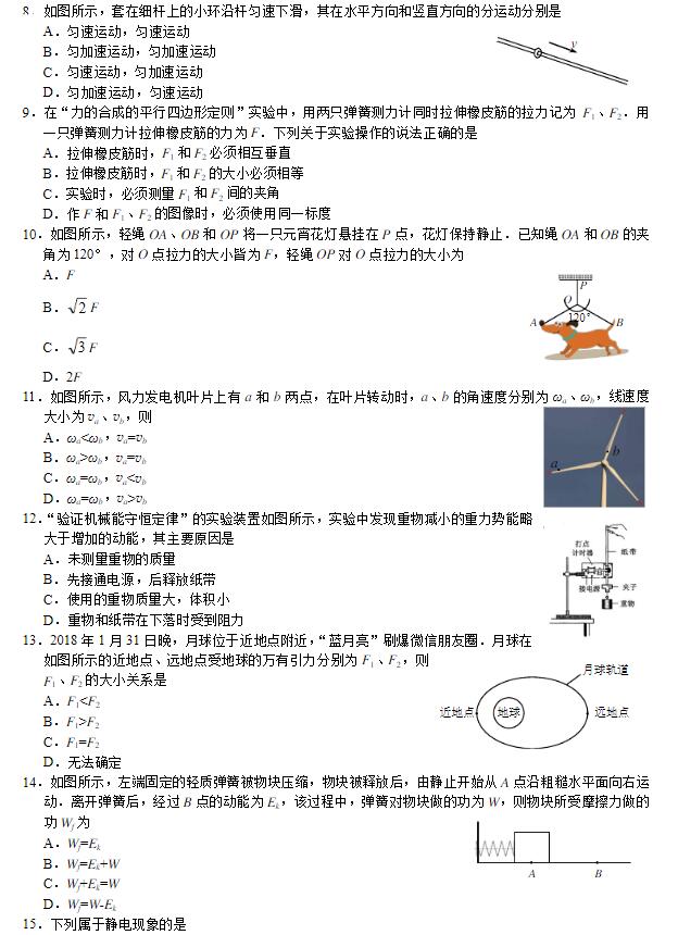 2018年江苏省普通高中学业水平测试物理答案