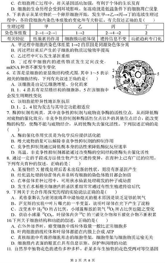 2019安徽省六校高三第一次测试生物试题及答案