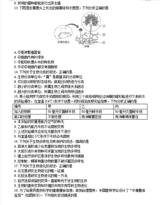 2018安徽中考生物试题及答案