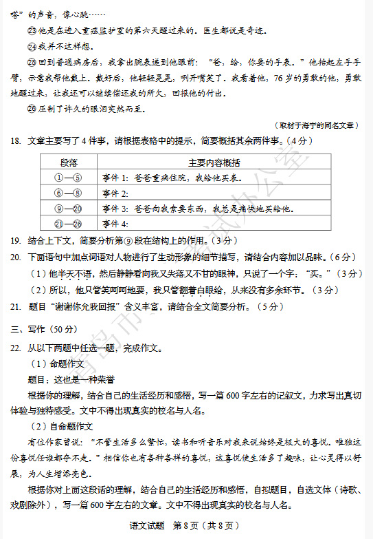 2018山东青岛中考语文试题及答案