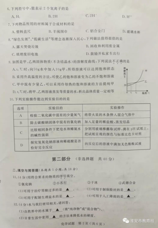 2018江苏淮安中考化学试题及答案