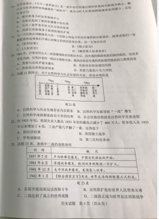 2018广东省卷中考历史试题及答案