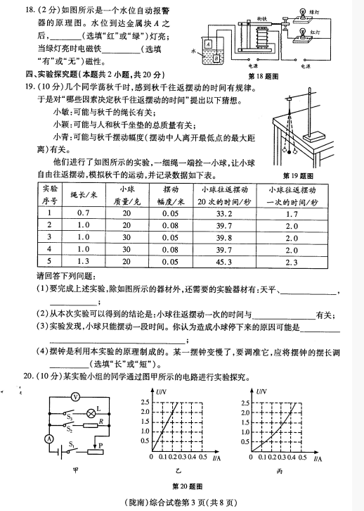 2018甘肃陇南中考物理试题及答案