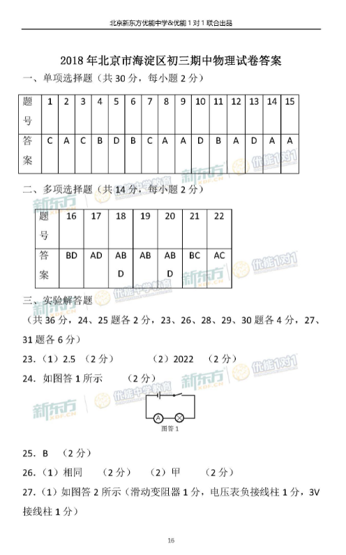 2018北京海淀初三期中物理试题及答案