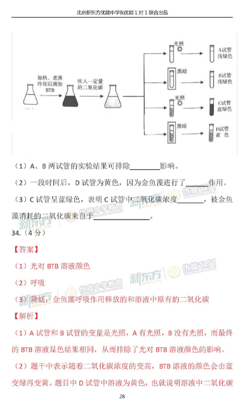 2018北京海淀初三期中生物试卷逐题解析
