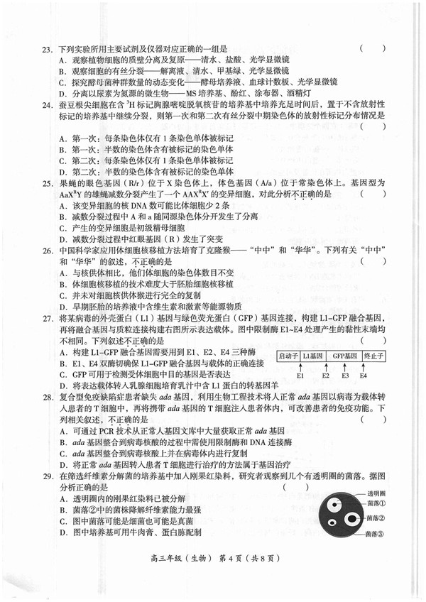 2018-2019学年北京海淀高三期中生物试题及答案