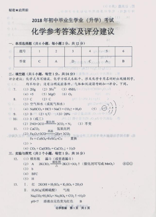 2018贵州黔西南中考化学试题及答案