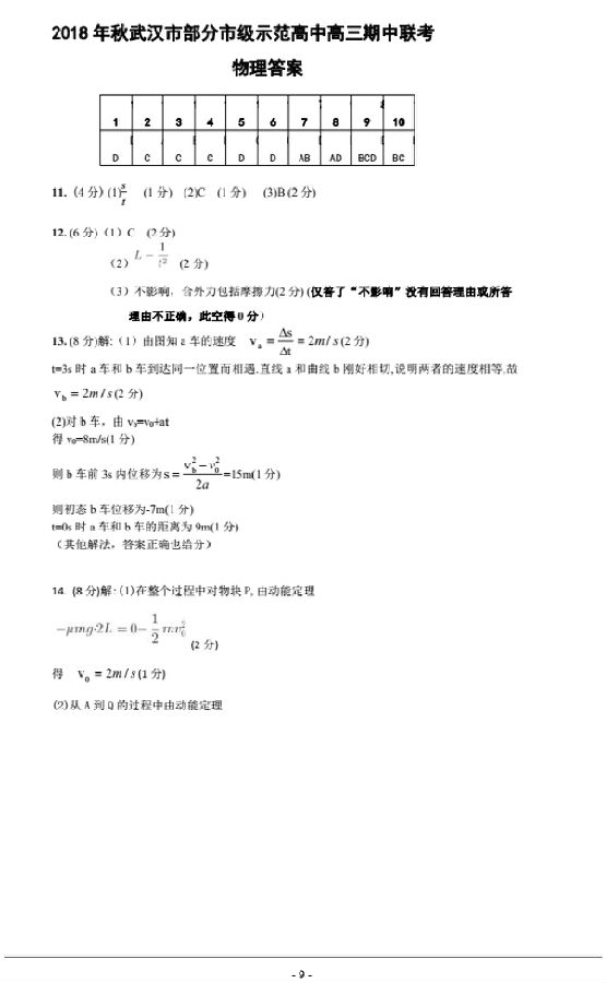 2019武汉市部分市级示范高中高三10月联考物理试题及答案