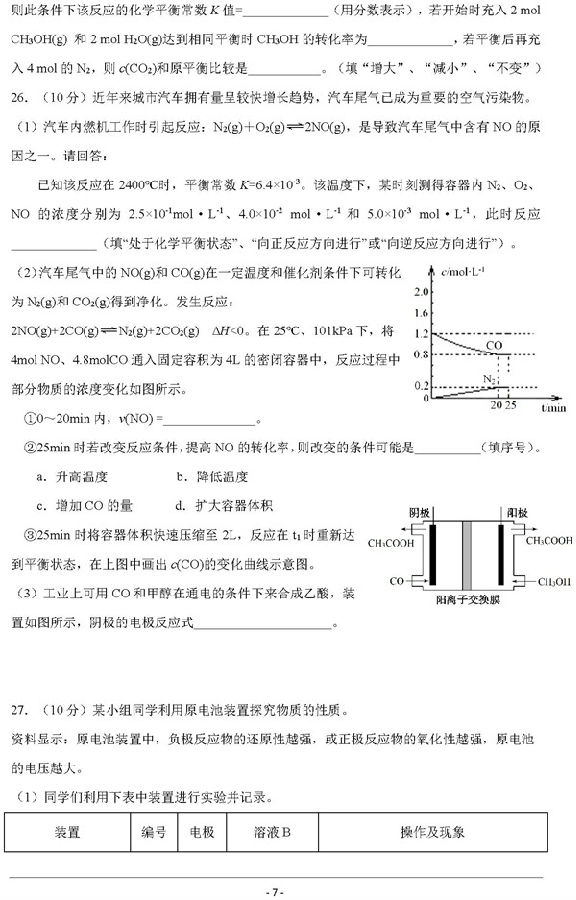 2019浙江温州十五校联合体高二期中化学试题及答案