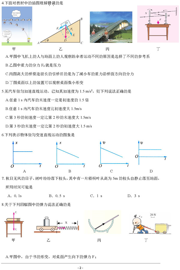 2019浙江温州十五校联合体高一期中物理试题及答案