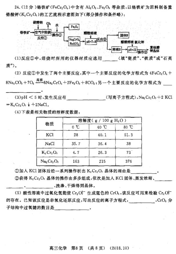 2019河南省洛阳市高三期中化学试题及答案