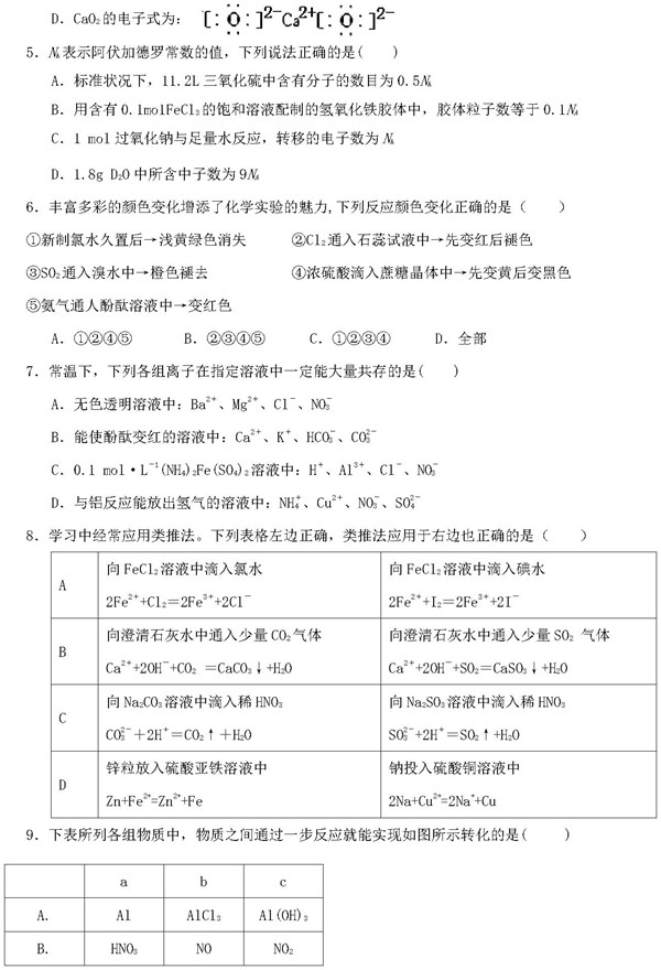 2019湖北宜昌市示范高中协作体高三期中化学试题及答案