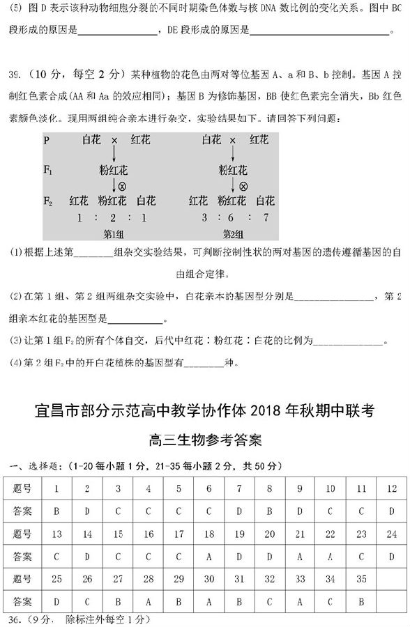 2019湖北宜昌市示范高中协作体高三期中生物试题及答案
