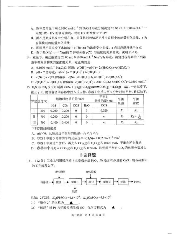 2019江苏省徐州市高三期中化学试题及答案
