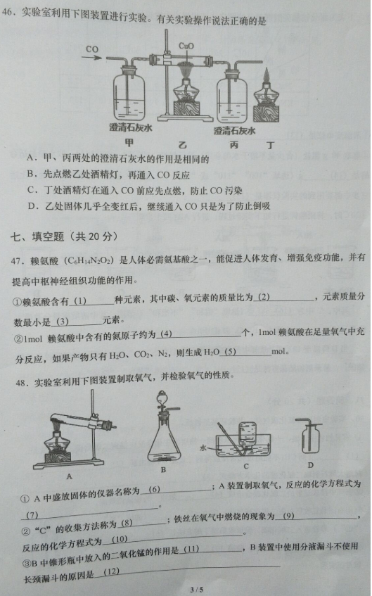 2018-2019上学期上海普陀中考一模化学试卷及答案