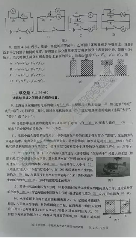 2018-2019上学期上海宝山中考一模物理试卷及答案