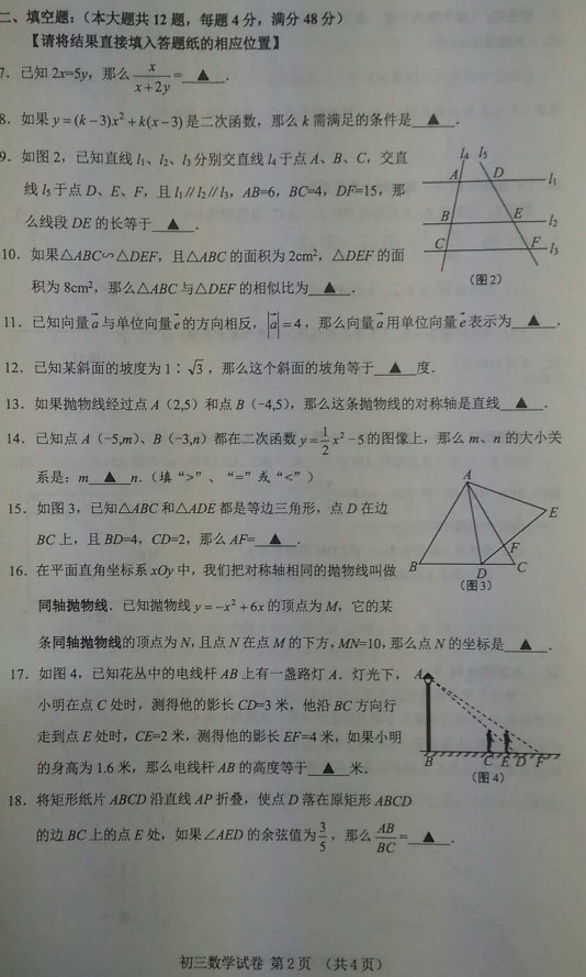 2018-2019上学期上海浦东新区中考一模数学试卷及答案