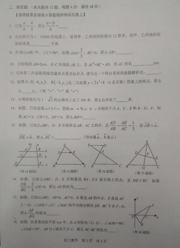 2018-2019上学期上海松江区中考一模数学试卷及答案