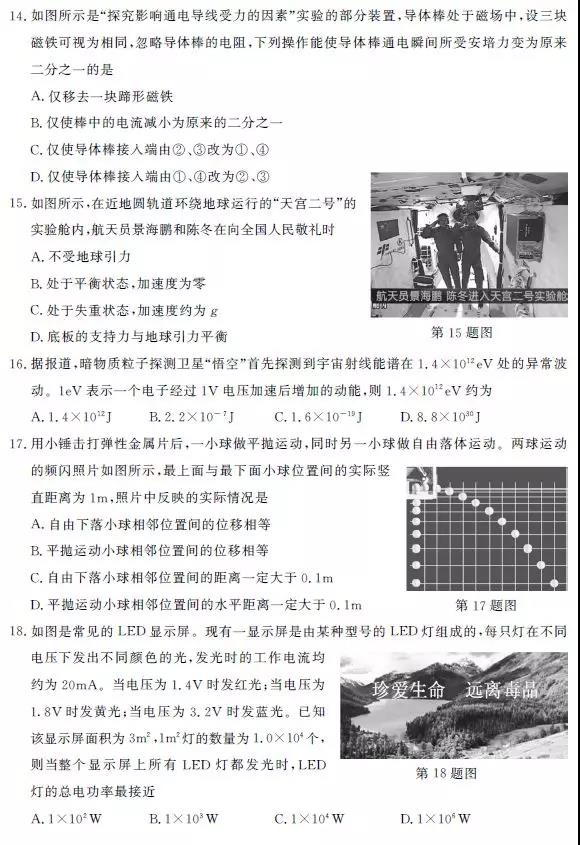 2019年1月浙江学业水平考试物理试题和答案