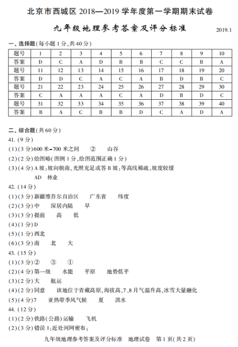 2018-2019上学期北京西城区初三期末地理试卷及答案