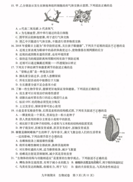 2018-2019上学期北京西城区初三期末生物试卷及答案